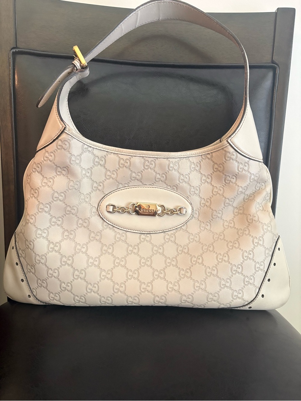 Beautiful Vintage Gucci Ivory GG Monogram Punch Hobo Bag with Gold Hardware